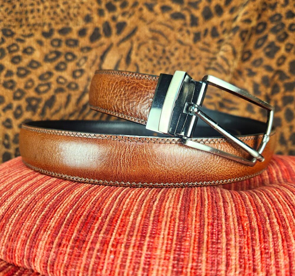 Men's Reversible Brown/Black Solid Belt Silver Tone Buckle Size 42 1.25 in